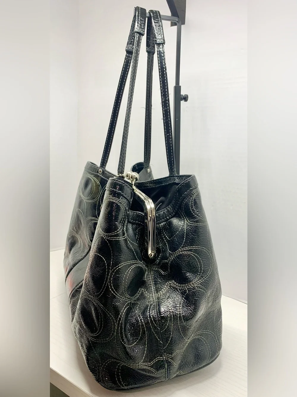 Coach Black Patent Signature Kisslock Tote Shoulder Bag - 2012